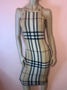 Lovely Day Beige Plaid Bodycon Midi Dress Size Medium